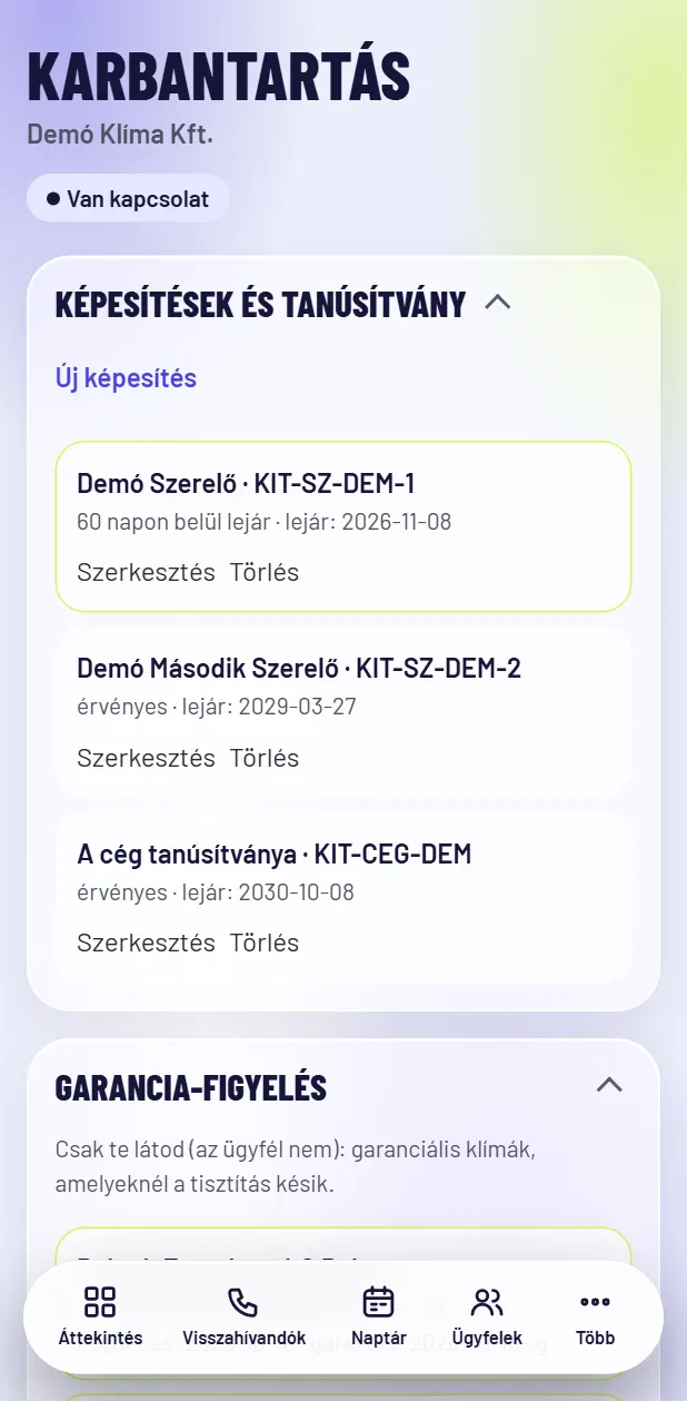 Karbantartási napló – képernyőkép kitalált adatokkal