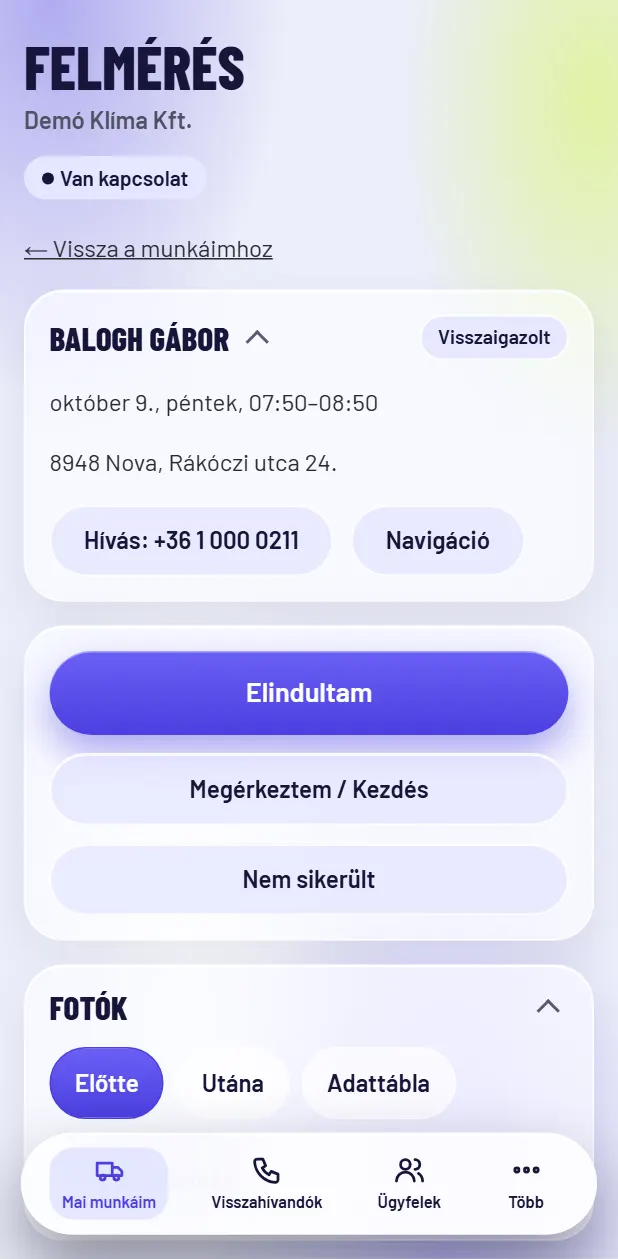 Szerelői app – képernyőkép kitalált adatokkal