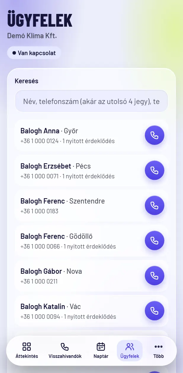 Ügyfelek és érdeklődők – képernyőkép kitalált adatokkal